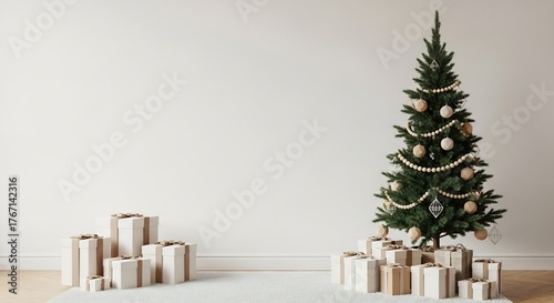 Christmas tree with wrapped presents on rug against neutral wall