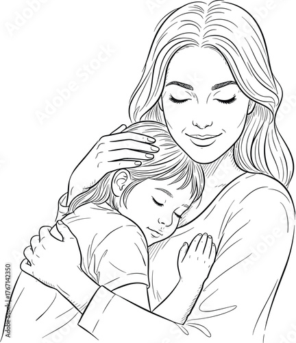 Mother embracing child, loving family bond, maternal affection, parent and child connection, motherhood illustration, emotional care, warmth, protection, tenderness, love