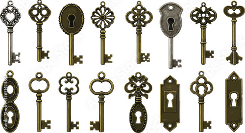 Collection of antique brass and silver keys and keyhole escutcheons antique keys vintage keys