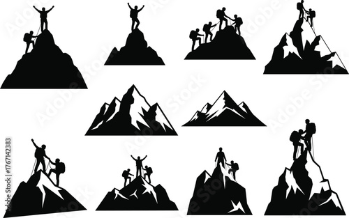 Silhouette mountain climbers reaching peaks with teamwork and adventure on rugged mountains showing hiking, exploration, success, and outdoor achievement illustration