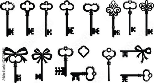 Collection of black antique skeleton keys and decorative bows on white background antique keys vintage keys