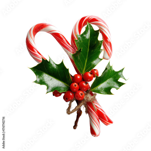 Candy cane png holly berry arrangement seasonal festive sweet holiday decoration with glossy leaves and red berries