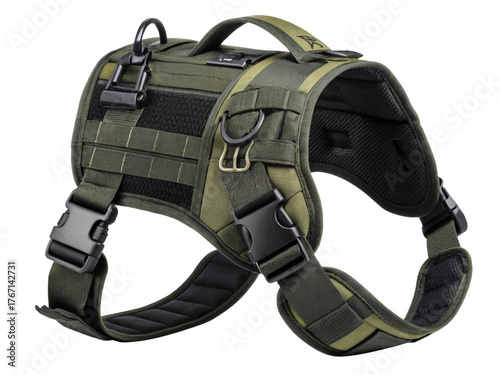 Military style tactical dog harness for outdoor adventures isolated on white background