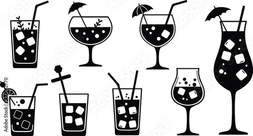 Collection of black silhouette cocktail glasses with ice and straws drink beverage vector
