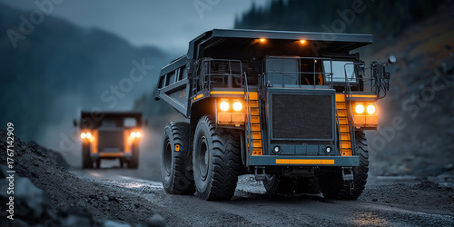 Mining action rare earth minerals sourcing remote location heavy machinery rugged environment low angle view industrial concept