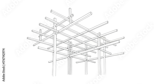 Modern building framework minimalist architectural structure line art vector.