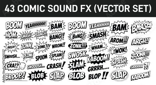 Collection of 43 comic book sound effects vector set, Black and white dynamic comic book sound effects illustration