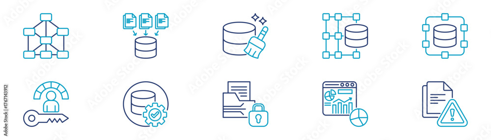 Fototapeta premium Icons Of Neural Network, Data Collection, Data Cleaning, Structured, Unstructured Data, Data Quality, Security, Kpi, Dashboard, Report. Vector Illustration.