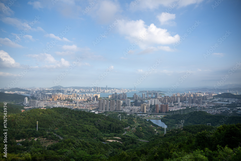 Obraz premium A Harmonious Blend of Urban Panorama and Natural Landscape from a Elevated Viewpoint