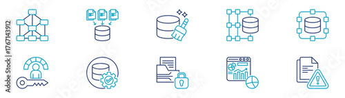 Icons Of Neural Network, Data Collection, Data Cleaning, Structured, Unstructured Data, Data Quality, Security, Kpi, Dashboard, Report. Vector Illustration.