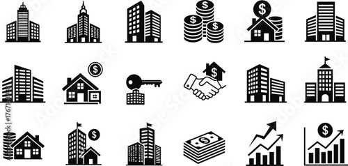 Real estate icons, business finance symbols, property investment graphics, money growth, handshake deal, house key, skyscraper buildings, financial success