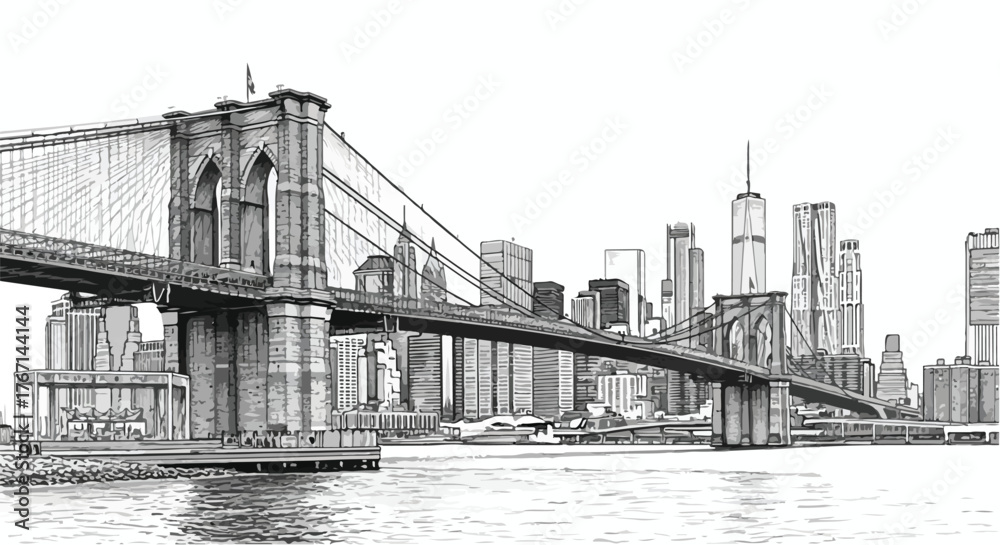 Fototapeta premium Brooklyn Bridge New York architecture landmark line art vector illustration.