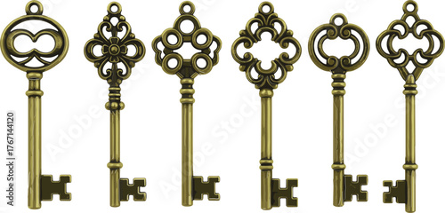 Six antique ornate brass keys with intricate designs on white background antique key ornate key