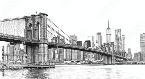 Brooklyn Bridge New York architecture landmark line art vector illustration.