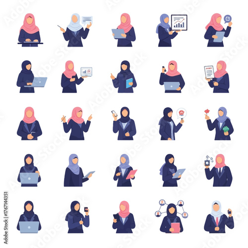 Collection of diverse Muslim businesswomen in various professional settings, wearing hijabs and engaging in office activities.