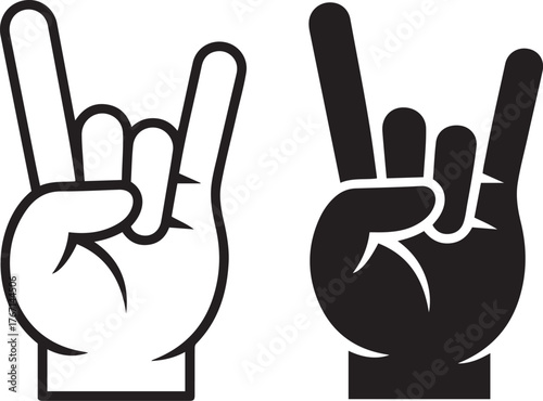 Rock on hand gesture icon symbol two variations black and white icons isolated on transparent background