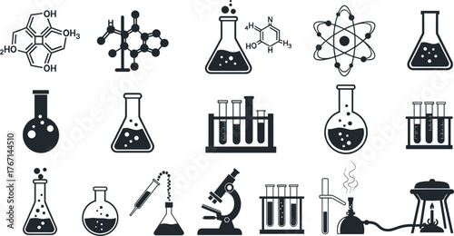Scientific laboratory icons, chemistry equipment, molecular structure, microscope illustration, test tubes, beakers, flasks, pipette, atomic model, research experiment, education design