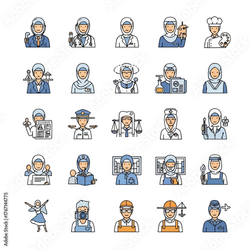 Collection of diverse professional women wearing hijabs, representing various occupations and careers.
