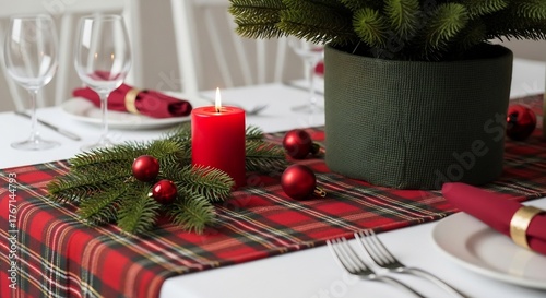 Plaidrunnered table set with a candle ornaments greenery plates silverware stemware  potted plant center piece