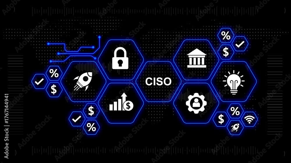 Digital CISO concept with cybersecurity and financial icons in hexagons ...
