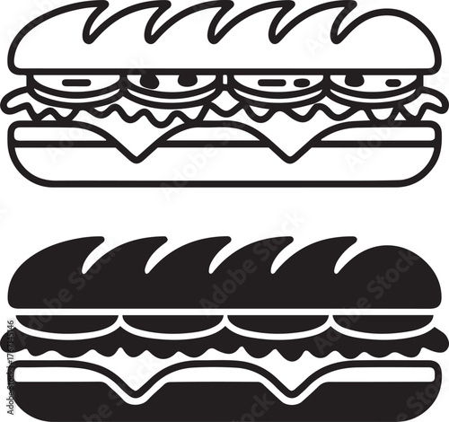 Two stylized sub sandwiches one outline one solid shape isolated on transparent background