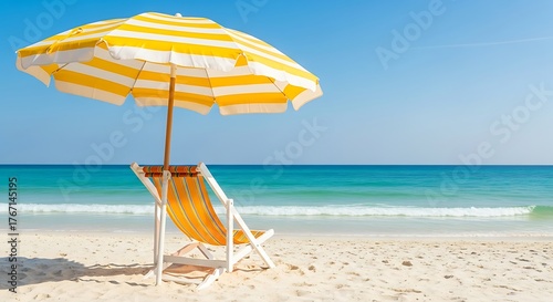 An empty yellow striped deck chair and sun umbrella on a beautiful sandy beach overlooking the calm blue sea.