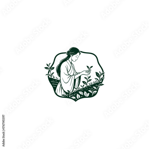 Elegant logo illustration in a traditional East Asian style featuring a woman wearing a flowing robe, gently picking tea leaves in a lush plantation.