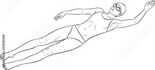 Swimmer in motion, professional athlete training, backstroke technique, aquatic sports illustration, competitive swimming posture, fitness concept, water exercise, endurance performance