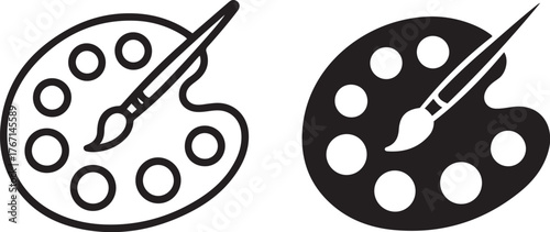 Artist paint palette and brush icon symbol set for creative art and design applications isolated on transparent background