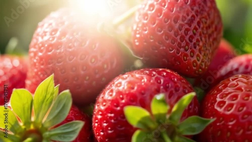 Closeup of ripe strawberries with green leaves bathed in sunlight