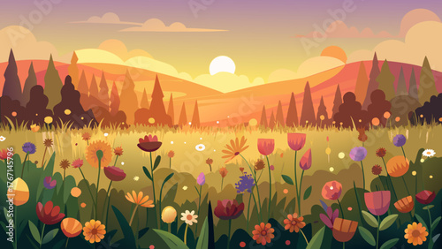 Vibrant spring meadow at sunset, with a huge field of colorful wildflowers and tall trees against rolling hills. This stylized landscape is perfect for themes of nature, growth, ecology
