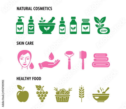 A collection of icons featuring natural and organic cosmetics. Includes skin care and healthy food collections. Vector illustration