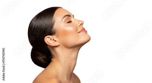 Serene woman with hair in bun smiling, eyes closed, isolated on transparent background