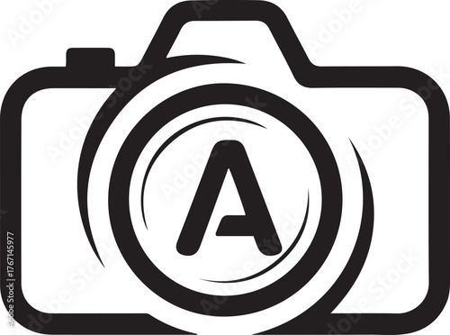 Retro camera silhouette with aperture symbol representing photography and artistry isolated on transparent background