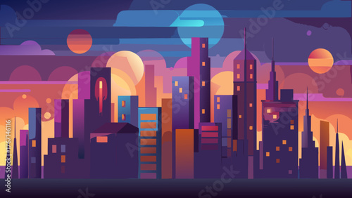 Vibrant futuristic cityscape under a cosmic sky with multiple moons and neon colors. This abstract urban illustration is perfect for themes of science fiction, technology, cyberpunk, gaming