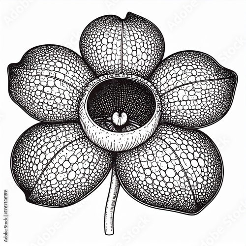 Line art illustration of Rafflesia arnoldii flower in black and white