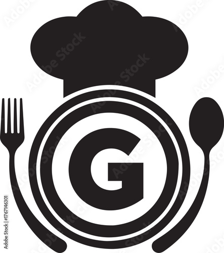 Chef hat plate fork spoon and letter g logo design for culinary businesses and restaurants isolated on transparent background