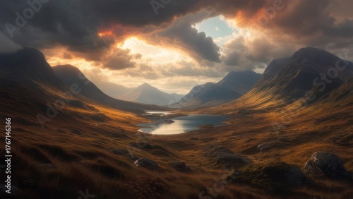 Scottish highlands landscape with dramatic sky