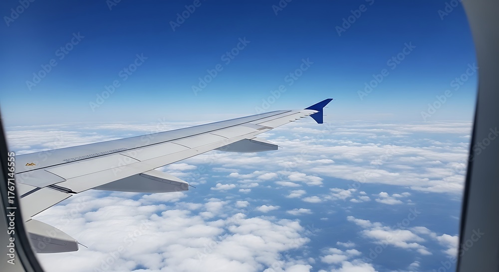 Obraz premium View from an airplane window, showcasing the wing against a backdrop of clouds and blue sky.