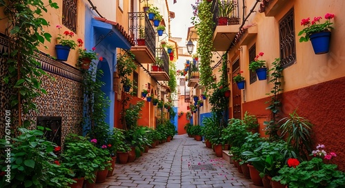 A picturesque narrow alleyway adorned with colorful buildings and an abundance of potted plants and vibrant flowers, creating a charming street scene.