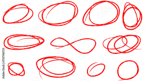 Red scribbled circles and ovals on a white background, highlighting elements.