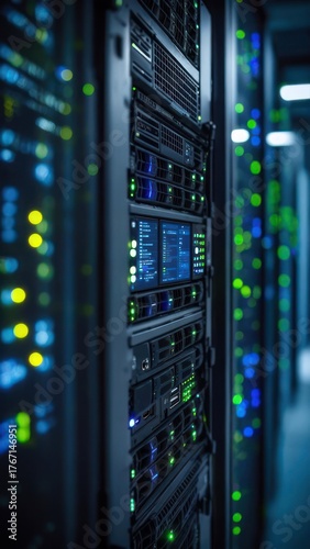 Server room with multiple racks and blinking lights