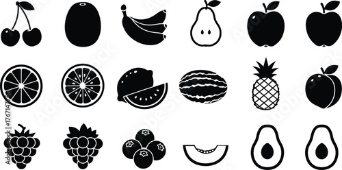 Collection of black fruit icons on white background cherry kiwi