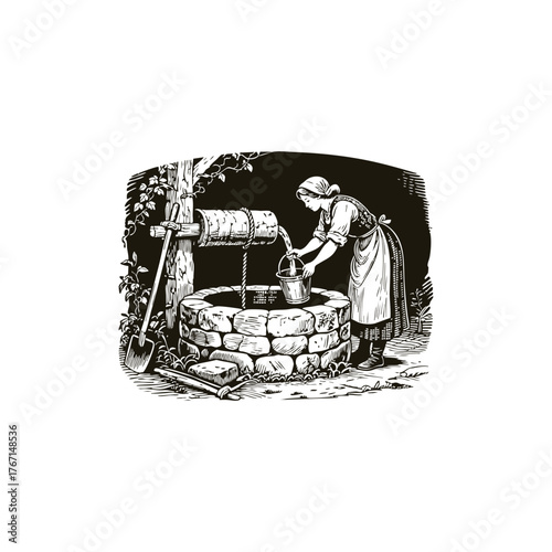 Vintage engraving illustration depicting a peasant woman in traditional clothing drawing water from an old stone well with a wooden bucket