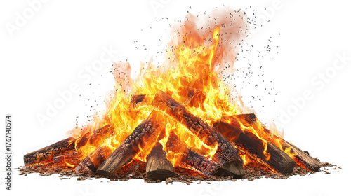A blazing bonfire with logs and flames creating a bright and warm fire on a black background