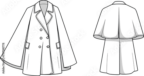 Minimalist technical fashion flat of cape coat with double-breasted buttons, notched lapel, flap pockets, front and back views