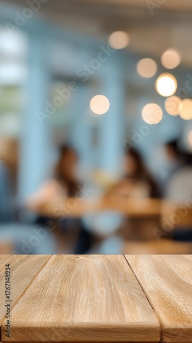 Blurred Cafe Background with Wooden Table and Soft Lighting