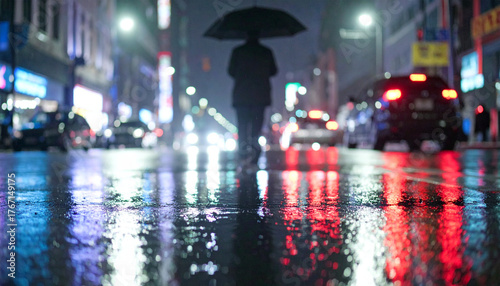Wallpaper Mural Person with Umbrella Walking in Rainy City Night, Urban Street Reflections and Lights Torontodigital.ca