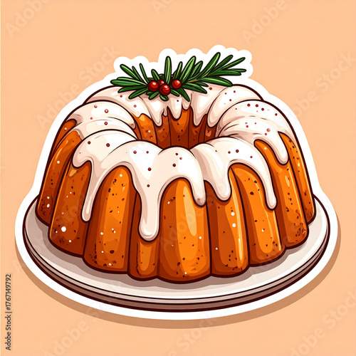 Bundt cake with sugar glaze and rosemary garnish illustration