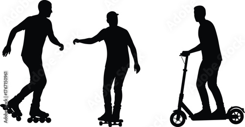 Three black silhouettes of men on roller skates skateboard and scooter male person